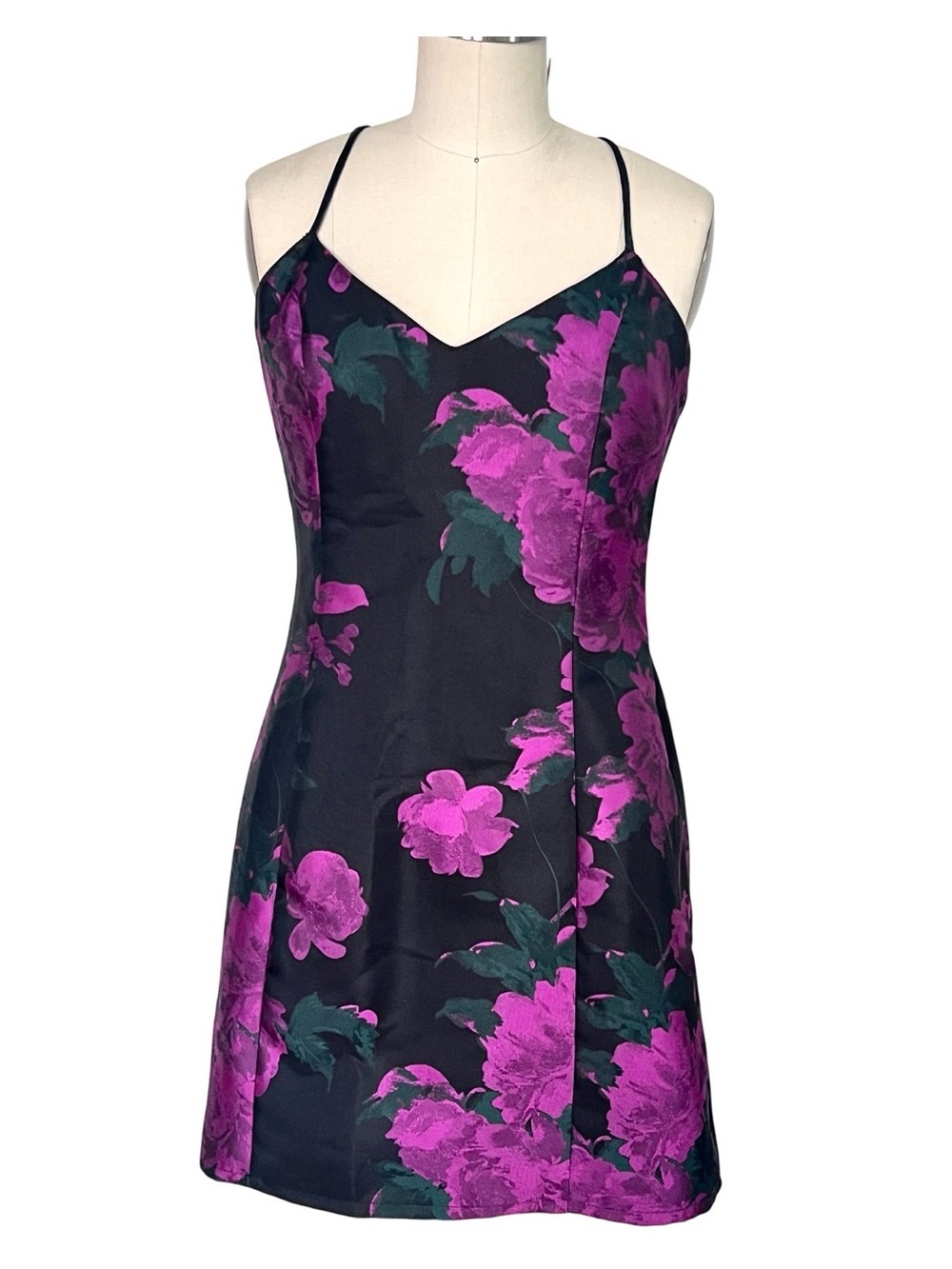Lulus Black Pink floral Mini Dress with cross cross back design Small S